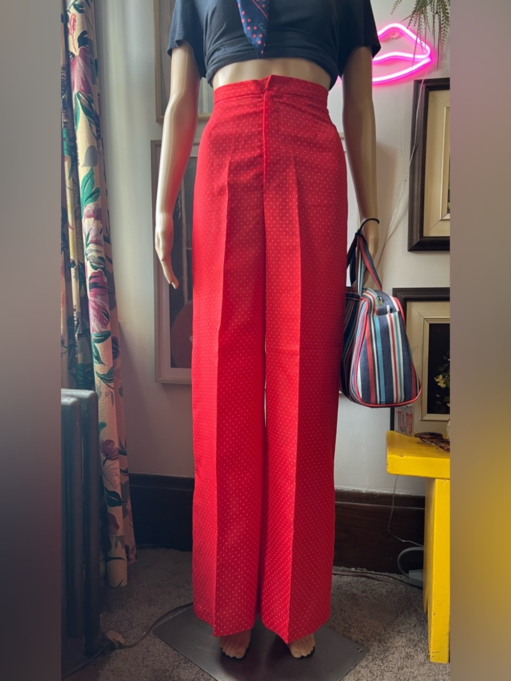 Vintage Handmade Wide Leg Red Polka-Dot Pants - Women's Stylish High-Rise - Picture 5 of 16